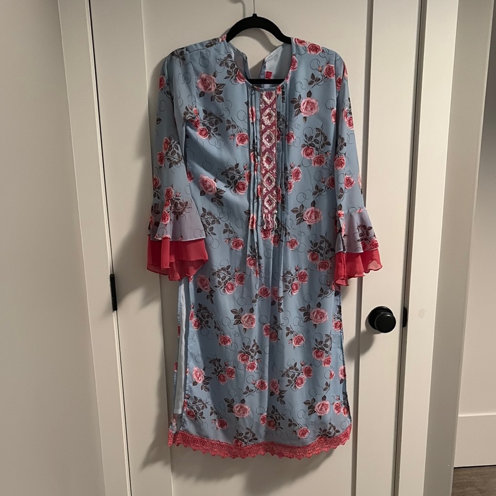 Floral Blue and Pink Dress with Lace Detail made in India